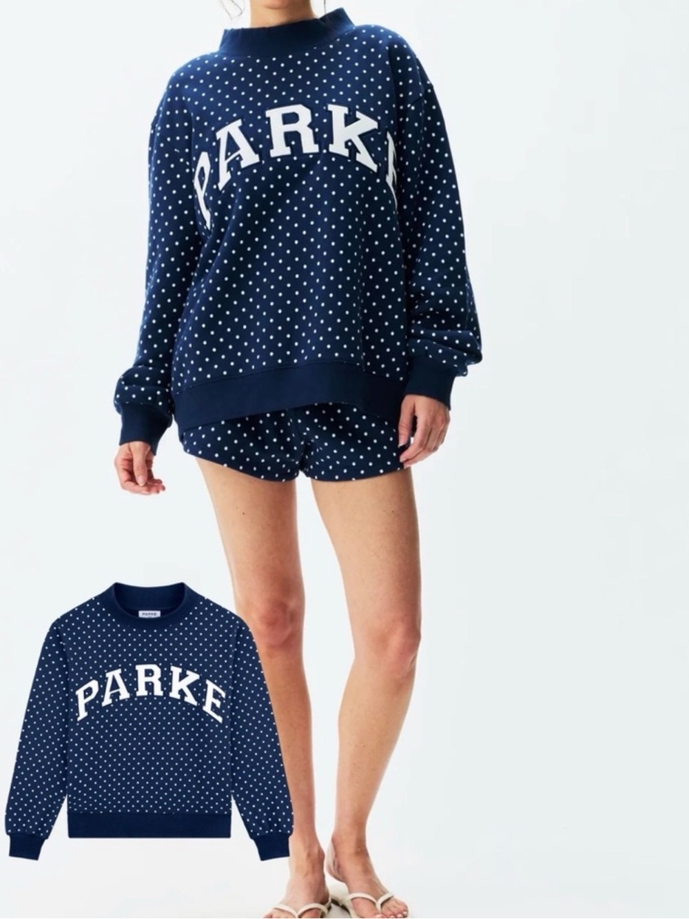 Parke Navy and White Polka Dot Crewneck Sweatshirt